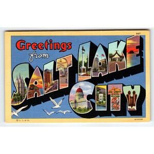 Greetings From Salt Lake City Utah 1940's Large Letter Postcard Linen Curt Teich